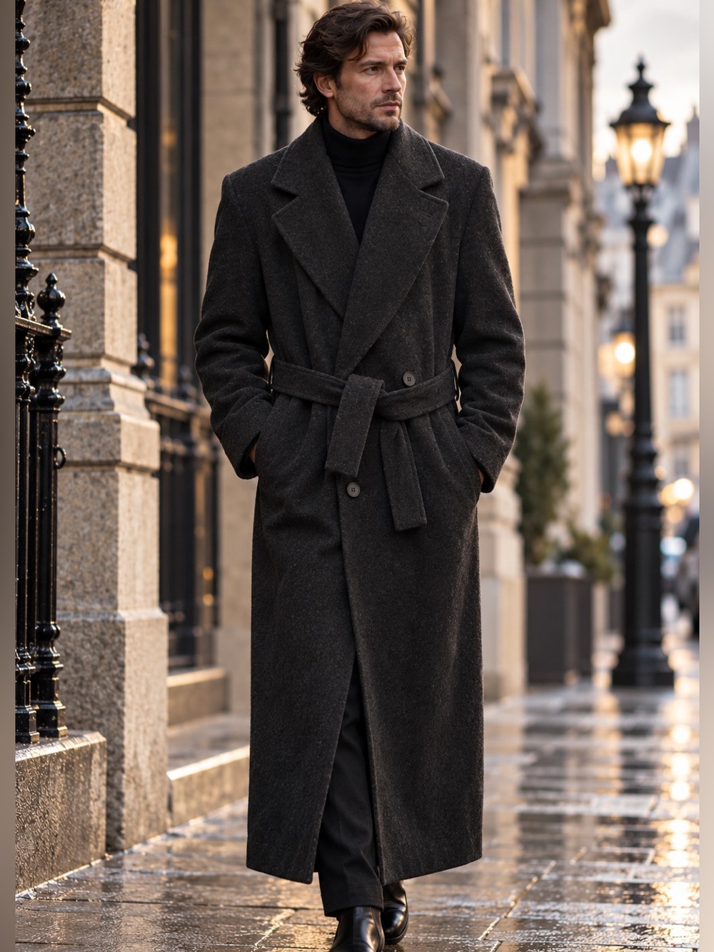 Adam Spencer Charcoal Size 36 Full Length Wool Belted Overcoat Vintage 90s